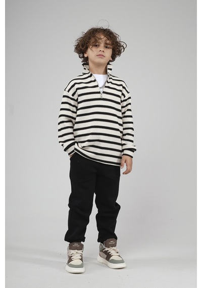 King-Brich Kingbrich Kids Oversize Kalıp Çizgili Yakası Fermuarlı Sweatshirt SIYAH