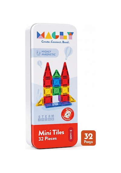 Magly Mini Tiles - Seyahat Boy Manyetik Yapı Blokları - Çocuklar İçin Metal Kutulu 32 Parça Mini Manyetik Oyun Seti