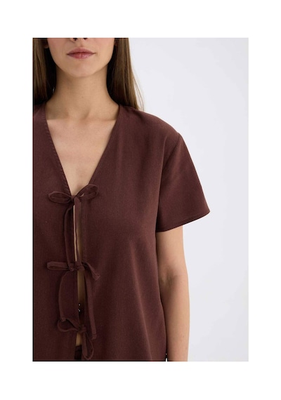 DeFacto Pijama Takımı Keten Kısa Kollu Üst Esnek Belli Alt-Fall in Love E3571AX25SPBN166