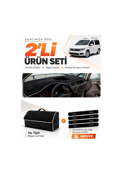 Volkswagen Caddy 2015-2019 Uyumlu Torpido Örtüsü + Tay Tüyü Bagaj Çantası + Sticker - Siyah Gri