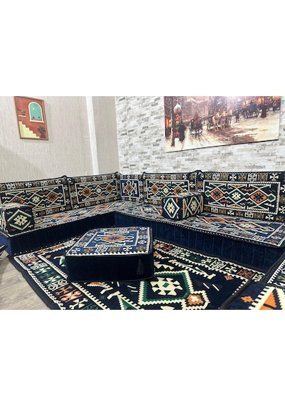 Coton Şark Köşesi Otantik Desenli Lüks Minder Takımı Konsept Lacivert