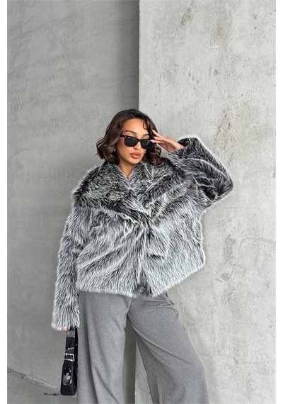 Dip Moda Kadın Gri İthal Kumaş 1. Kalite Kürk Kaban Dpnbg053 Gri
