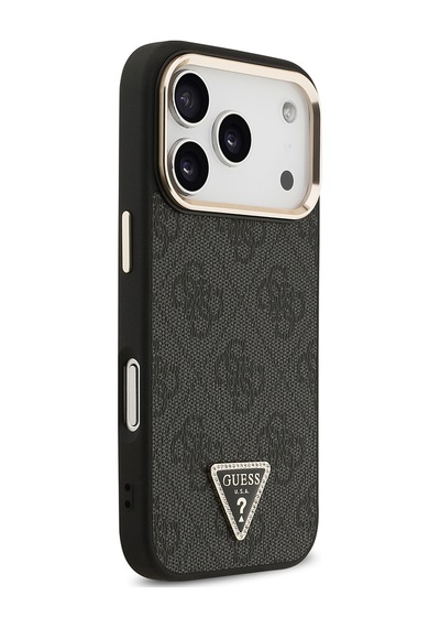 Apple Uyumlu iPhone 17 Pro Kılıf Guess Lisanslı M-safeli Gold Kamera Çerçeveli Taşlı Üçgen Logo 4g Desenli Siyah Siyah