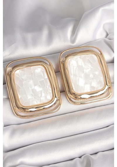Pirinç Gold Renk Beyaz Mineli Kare Model Kadın Küpe Altın