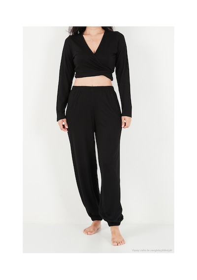 Lela V Yaka Kruvaze Bağlamalı Crop Üst Ve Jogger Alt Pijama Takımı Kadın Pijama Takımı 65780019 Siyah