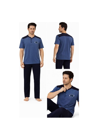 Gk Luxury & Fashıon Sude Erkek Pijama Takımı Kısa Kollu Alt Uzun - A300-05 Ve A301-1173-1 %100 Koton Mavi