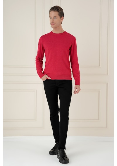 Slim Fit Ribanalı Düz Kırmızı Yünlü Bisiklet Yaka Triko Kazak Tr 900