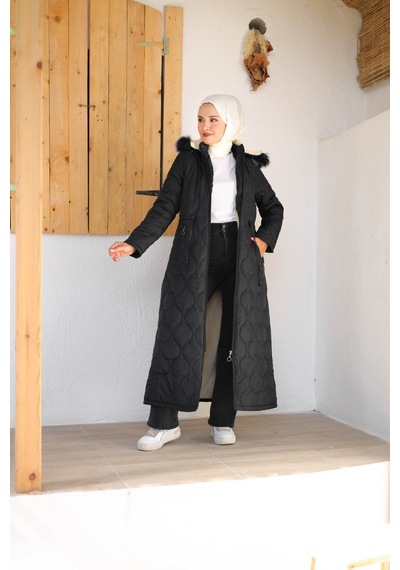 Harman Butik Kadın Tam Kürklü Kapüşonlu Kapitone Mont Siyah Siyah