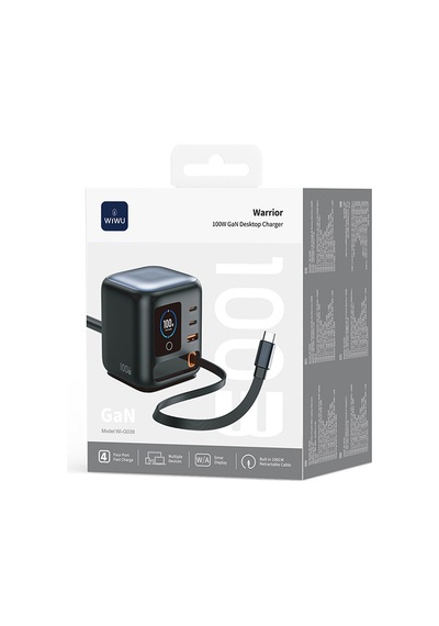 Wiwu Wi-g039 Gan Teknolojili Type-c Kablolu 4 Portlu Masaüstü Çoklu Şarj İstasyonu 100w Siyah