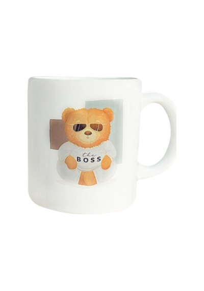 Boss Bear Baskılı Porselen Kupa Beyaz Beyaz