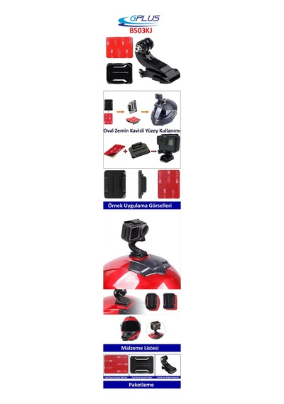 Gplus Bs03kj 3 Parça Oval Zemin Kavisli Yüzey J-hook Aksiyon Kamera 3m Yapışkan Motor Kask Bağlantı Seti Siyah