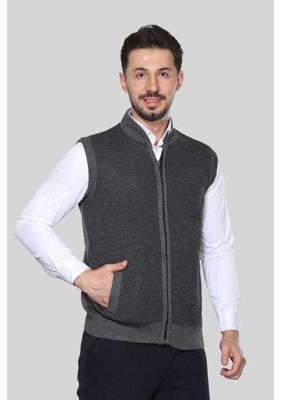 Kzc Tekstil Erkek Orta Yaş Ve Üzeri Triko Örgü Akrilik Kışlık Kalın Dokulu Fermuarlı Baba Yelek Gri