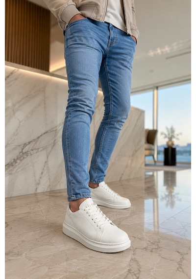 Mevese Tsoob Bağcıklı Cilt Erkek Günlük Rahat Taban Sneaker Ayakkabı - Beyaz