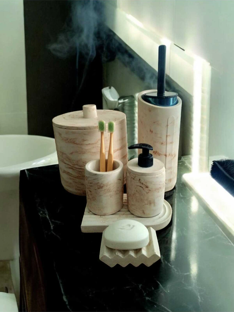 Mermer Serisi Kahve Bej Beton Banyo Seti,çöp Kovasi,tuvalet Fırçası Takim Bej