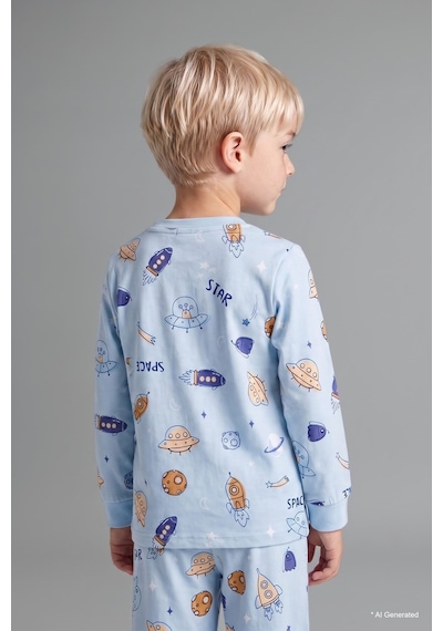 Defacto Baskılı Uzun Kollu Üst Elastik Bel Alt 2li Pijama Takımı Erkek Bebek H6540a526aube343 Mavi-be343