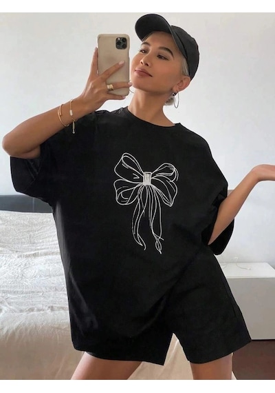 Kadın Fiyonk Baskılı T-shirt Kısa Kol Bisiklet Yaka Oversize Tişört - Siyah Çok Renkli