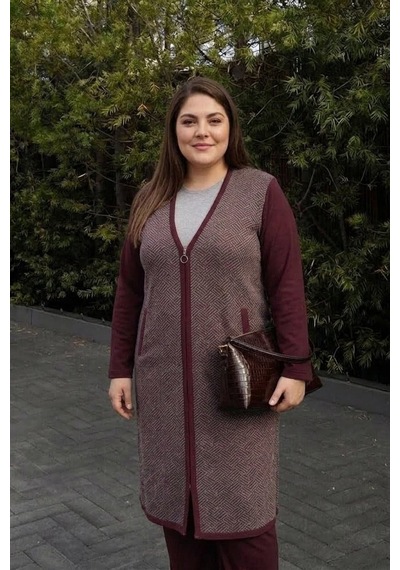Onno Style Women Desenli Çelik Örgü Triko Uzun Kadın Ceket Bordo