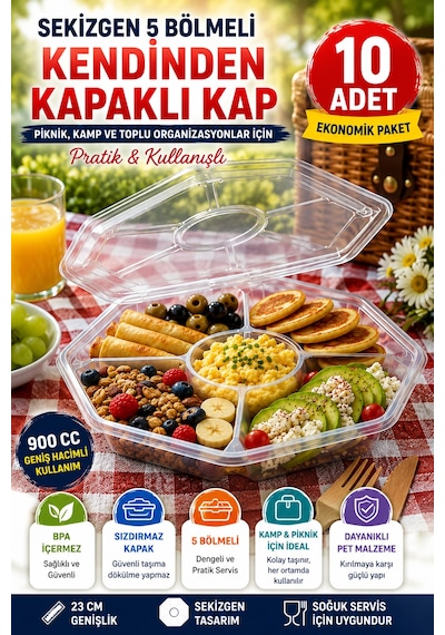 10'lu Sekizgen 5 Bölmeli Kendinden Kapaklı Pet Gıda Kabı 900 Cc Şeffaf Sızdırmaz Sunum Kabı 23 Cm Set