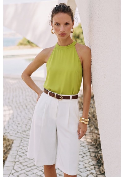 Sateen Halter Yaka Bluz - Yağ Yeşili-137727