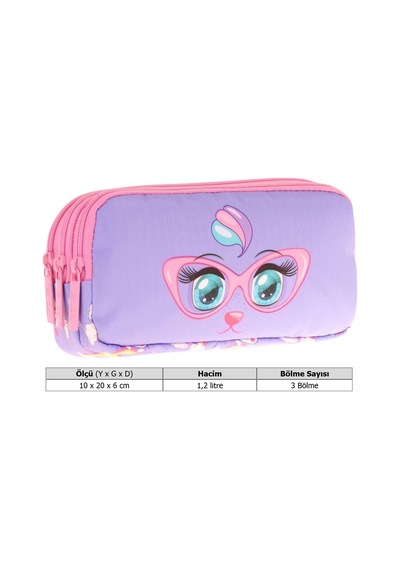 Kaukko Kids Üç Bölmeli Pembe Lila, Gözlüklü Kedi Baskılı, Kız Çocuk Okul Kalemliği - L8236 Pembe - Lila