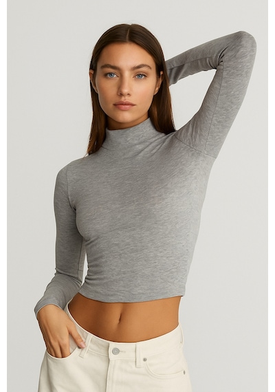 Rich Kadın Gri Melanj Yarım Balıkçı Yaka Uzun Kollu Crop Bluz Gri Melanj