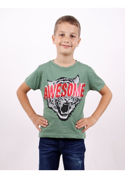 Toontoy Kids Toontoy Erkek Çocuk Baskılı Bisiklet Yaka Kısa Kollu Tişört Yeşil