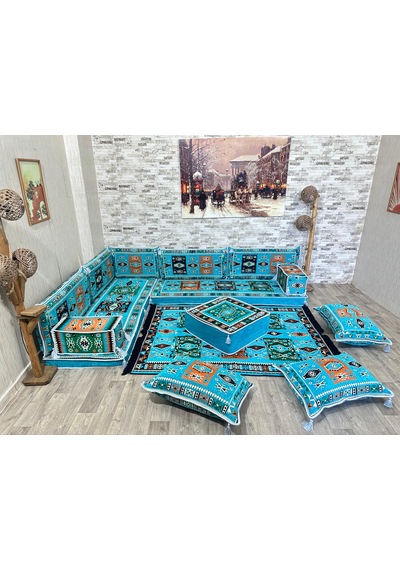 Coton Şark Köşesi Milas Desenli Yer Minderleri Turkuaz
