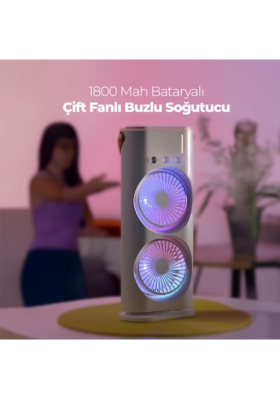 Şarjlı Su Püskürtmeli Buzlu Taşınabilir Fan Soğutucu Çift Fanlı MINI FAN