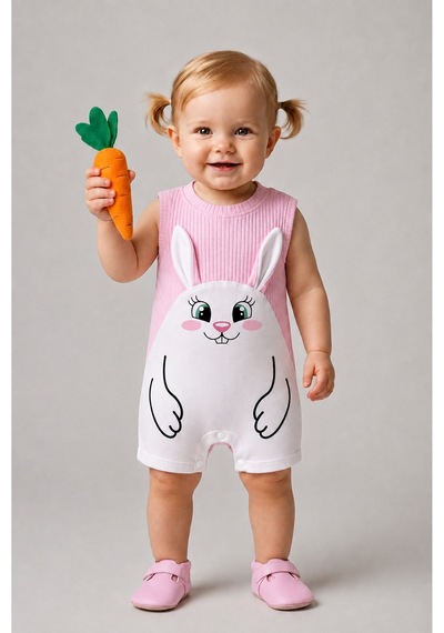 Babyden's Kız Bebek Tulum Yazlık %100 Pamuk Ribana Kolsuz Tavşan Baskılı Çıtçıtlı Bebek Tulumu 0-9 Ay Pembe