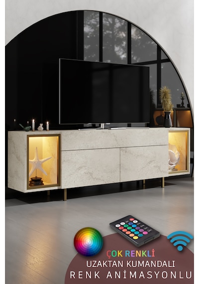 Zenith Gold Demir Ayaklı Rgb Led Işık Sistemli Traverten Tv Ünitesi Tv Sehpası Traverten - Altın Zenith Gold Demir Ayaklı Rgb Led Işık Sistemli Traverten Tv Ünitesi Tv Sehpası Traverten - Altın