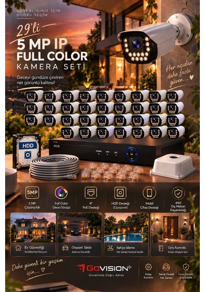 Go Vision 29'lu Güvenlik Ip Kamera Seti - 5mp Dış Mekan Kamera, 3.6mm Lens, H.265, Poe, Warm Led Gece Görüşlü