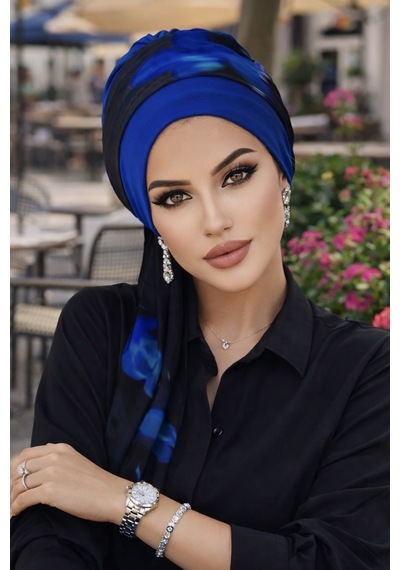 Aişe Tesettür Saks Siyah Batik Fularlı Bone