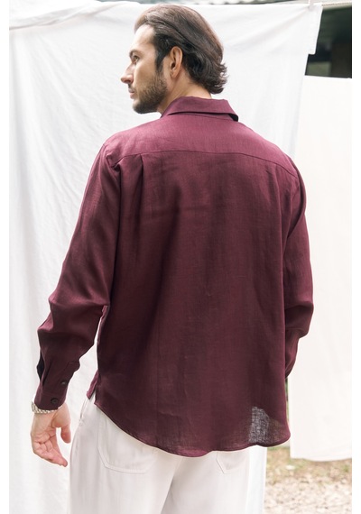 Mai Collection Mai Studios Co. Ombretta Bordo Keten Oversize Erkek Gömlek Bordo