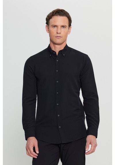 AC&Co / Altınyıldız Classics  Erkek Sıyah Slim Fit Dar Kesim Düğmeli Yaka Armürlü Gofre Desenli Gömlek Siyah