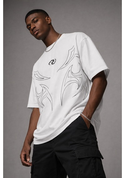 Yolo Street Oversize Siyah Beyaz Erkek Tişört Beyaz Tribal Baskılı %100 Pamuk Modern Streetwear Beyaz