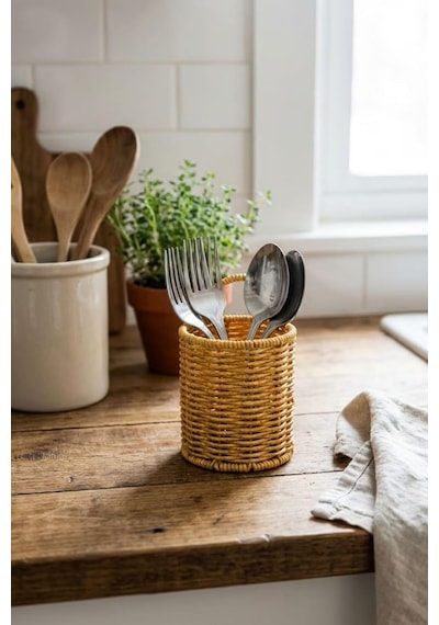 Yuvarlak Hasır Dokulu Plastik Rattan Kaşıklık Ve Çatallık, Askılı Çok Amaçlı Mutfak Organizeri, 10x14 Cm Açık Ahşap