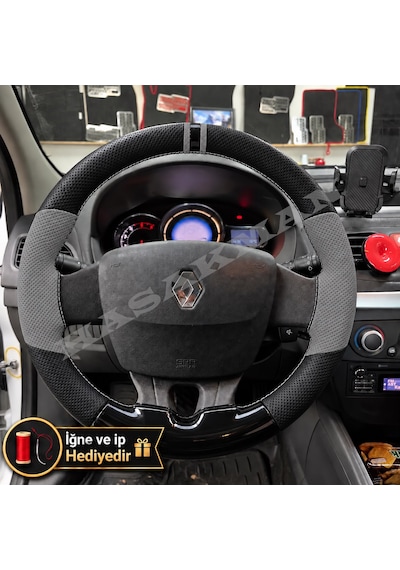 Renault Scenic 3 Dikme Direksiyon Kılıfı Delikli Deri Parlak Siyah Gri Detay Çift Yüzük Ve Dikiş 2009-2016