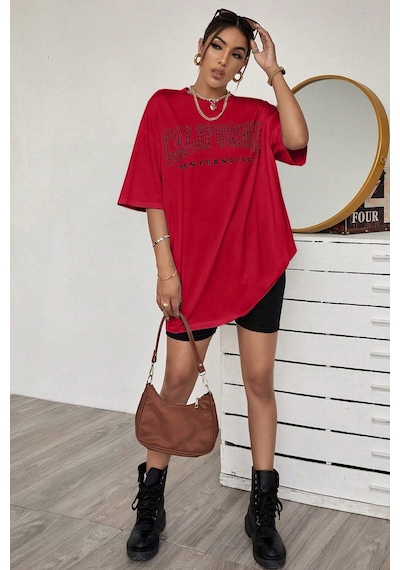 Unisex California West Coast Baskılı Tasarım Tshirt Kırmızı
