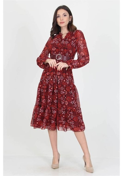 Neşeli Butik Kadın Kemerli Yakası Bağlama Detaylı Desenli Şifon Elbise Rssn02 Bordo Neşeli Butik Kadın Kemerli Yakası Bağlama Detaylı Desenli Şifon Elbise Rssn02 Bordo