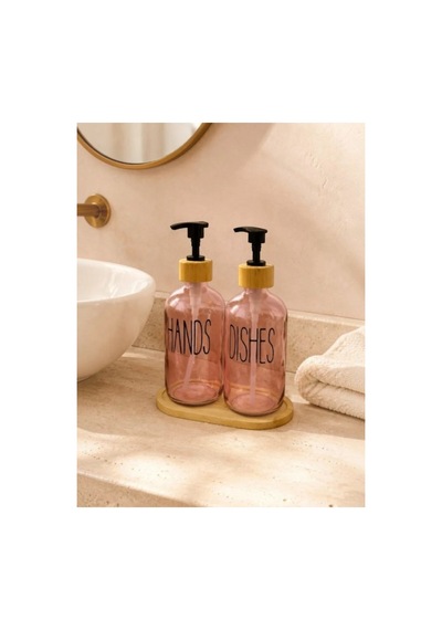 Bambu Stantlı Antrasit 2'li Cam Sıvı Sabunluk Seti 350ml Pembe Pembe