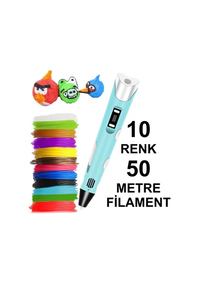MAVİ 3D Kalem Yazıcı+10 renk 50 metre (10x5metre) PLA Filament