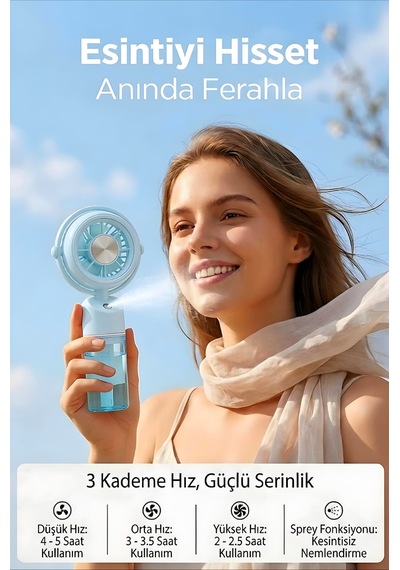 Taşınabilir Şarjlı Su Püskürtmeli 3 Kademeli Mini El Fanı Mavi