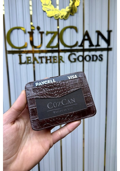 Cüzcan Jorvik Patlı Hakiki Deri Premium Kartlık Kişiye Özel İsim Baskılı Kahverengi Croco