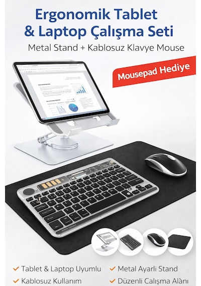 Apple Uyumlu iPad, Pro 11 M5 2025 Ergonomik Tablet Çalışma Seti Metal Stand Rgb Klavye Mouse Optik