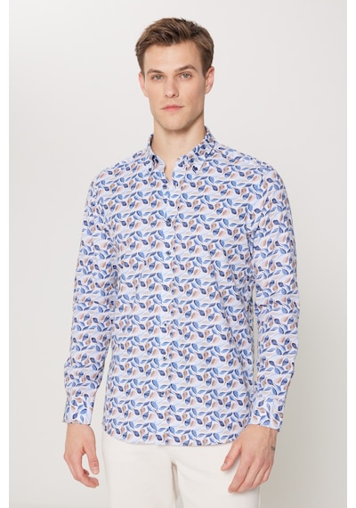 AC&Co / Altınyıldız Classics Erkek Bej Mavı %100 Pamuk Slim Fit Dar Kesim Düğmeli Yaka Baskılı Gömlek Bej Mavı