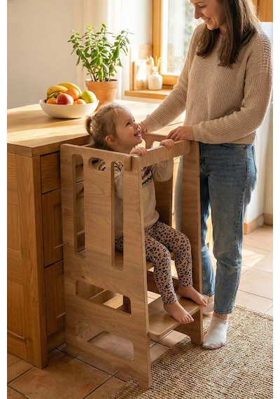 Ahşap Montessori Çocuk Öğrenme Kulesi Merdiveni Ahşap Rengi