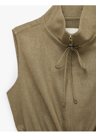 Koton Fermuarlı Beli Bağlama Detaylı Kolsuz Dik Yaka Keten Yelek Haki 6sak20121uw