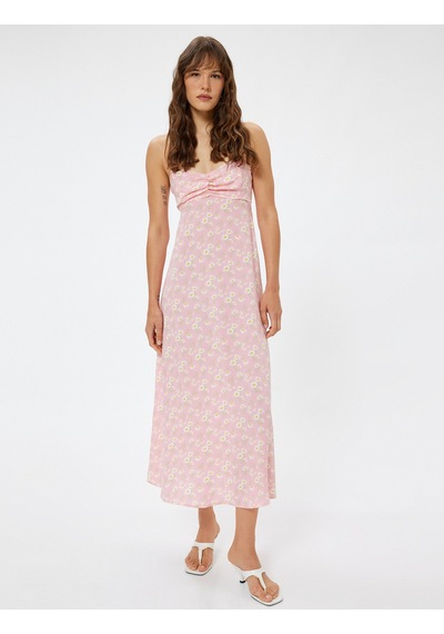 Koton Keten Karışımlı Midi Boy Çiçekli Askılı Elbise Slim Fit Drape Detaylı Pembe Desenli 4sak80474pw Pembe
