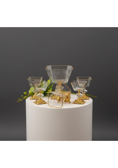 Çnr Home Collection Karen 7 Parça Döküm Ayaklı Sunumluk Seti Magnolia Dondurmalık Jup & Salata Kase Seti Gold
