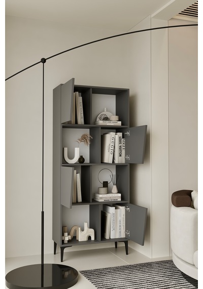 Roma Kitaplık 175 Cm - Vitrin - Gümüşlük 100% Mdf Metal Ayak Gri